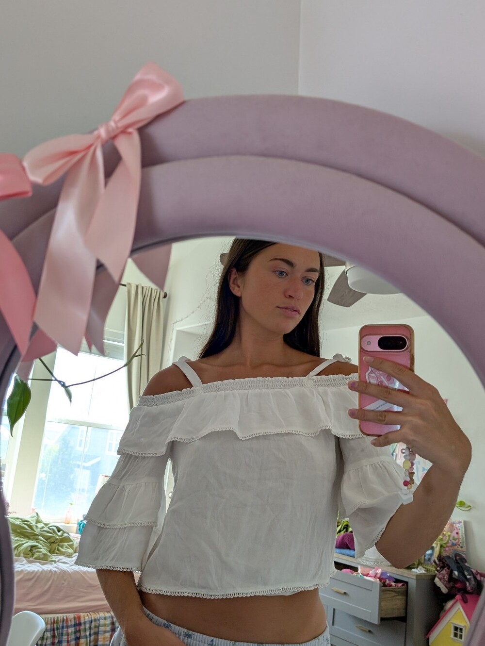 Brand New With Tags Women's White Tie Off-Shoulder Ruffle Top Size Medium